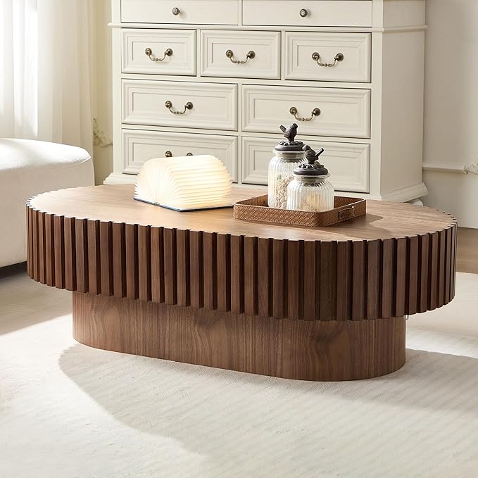 WILLIAMSPACE 43.7" Walnut Oval Coffee Table, Mid Century Modern Luxury Wood Drum Center Table for Living Room, Handcraft Accent Side Table for Apartment, 43.7"*24.8"*13.78"H (Walnut)
