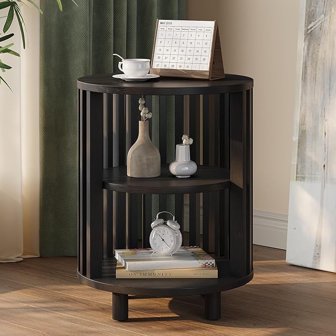 Round End Table, Wood Bedside Table, Mid Century Modern Nightstand with Open Storage Shelf, 3 Tier Small Side Tables for Living Room, Bedroom, Curved Profile Design, Black(2-Pack)
