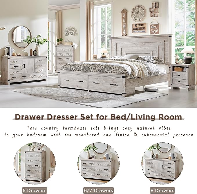 RedLemon Farmhouse Nightstand with Charging Station, 18" Rustic Night Stand with 2 Storage Drawers, Wood End Table for Bedroom, Living Room, Antique Brush White