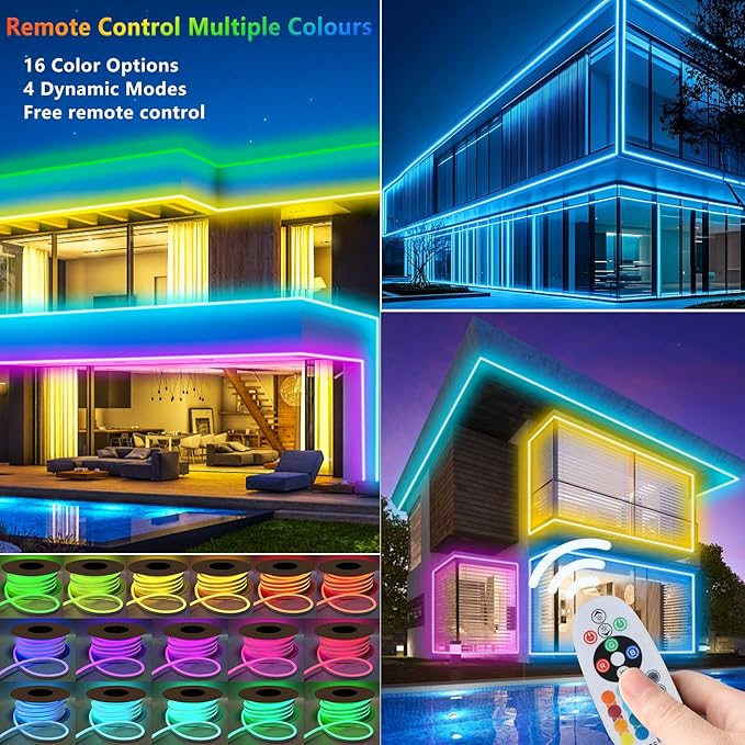 65.6ft RGB Led Rope Lights Commerial Grade Waterproof RGB Led Strip Lights with Remote, 110V 120V Plug-in Neon Strip Lights with Dimmable Power Adapter for Outdoor,Indoor Using