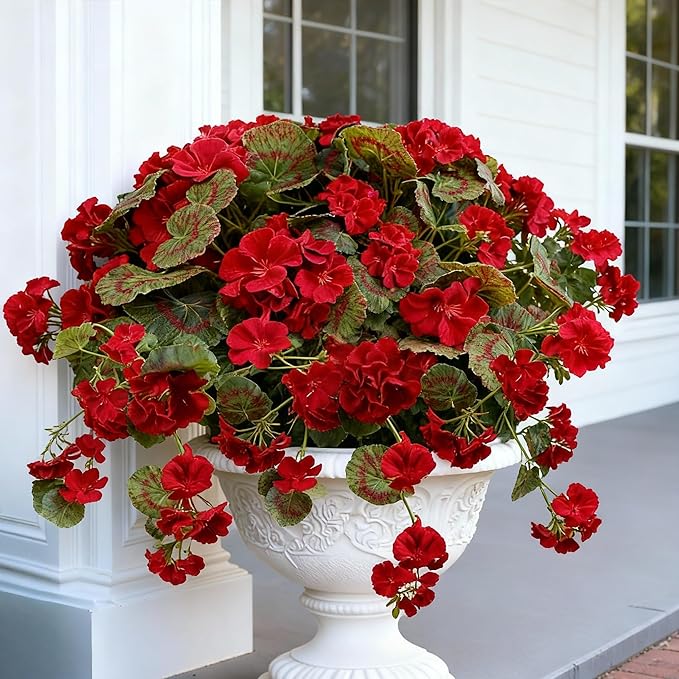 Artificial Geranium Flowers for Outdoors – 4 Bundles of Red Silk Flowers with Hanging Vines, Fake Christmas Plants for Front Door Garden Porch Planter Patio Balcony Yard Indoor Home