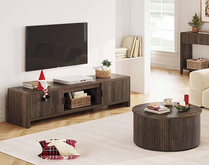 FATORRI Round Coffee Table, Fluted Woodern Center Table with Storage, Mid-Century Modern Cocktail Tables for Small Space, Living Room, Bedroom (31.5 Inch, Dark Walnut)
