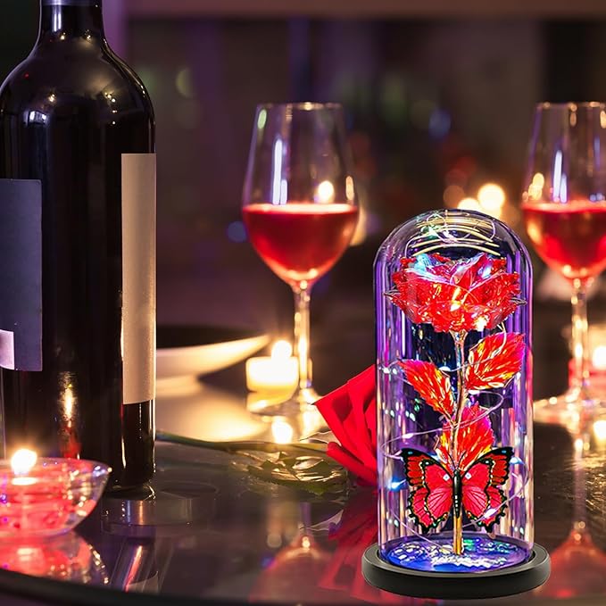 Christmas Flowers Gifts for her Women Mom Wife,Womens Gifts for Christmas, Rose Flowers Gift Light Up Rose in Glass Dome,Birthday Gifts for Woman（Red）