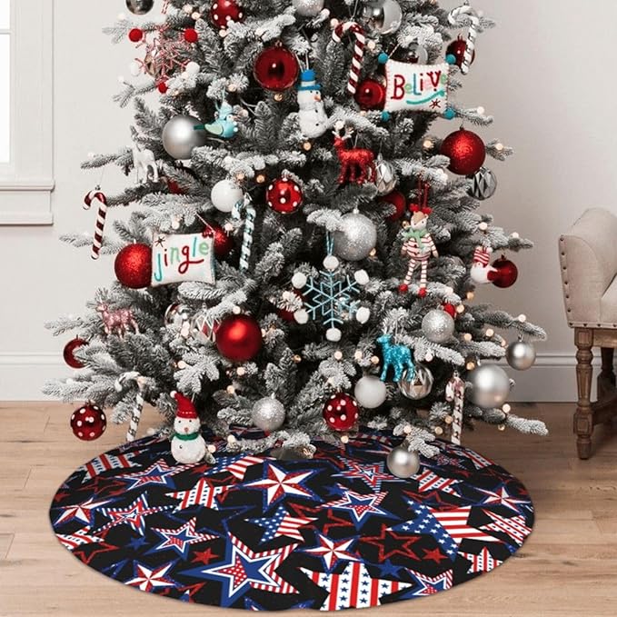 Patriotics American Flag Stars and Stripes Veterans Day Christmas Tree Skirt 4th of July Decorations Christmas Tree Ornaments Holiday Party Indoor Outdoor 48"