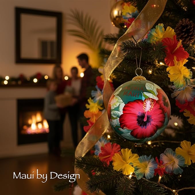 Collectible Maui Christmas Ornament Red Hibiscus Hand Painted from Inside The Glass with Gift Box HCC/M