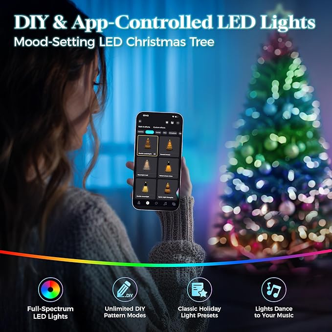 HOLLO STAR 6 ft Prelit Christmas Tree with 250 LED Lights, App Control, Artificial Christmas Tree, Multi-Color RGBW Lights, 914 Flocked Frosted Tips, 58 Pine Cones, Metal Base, for Home, Party