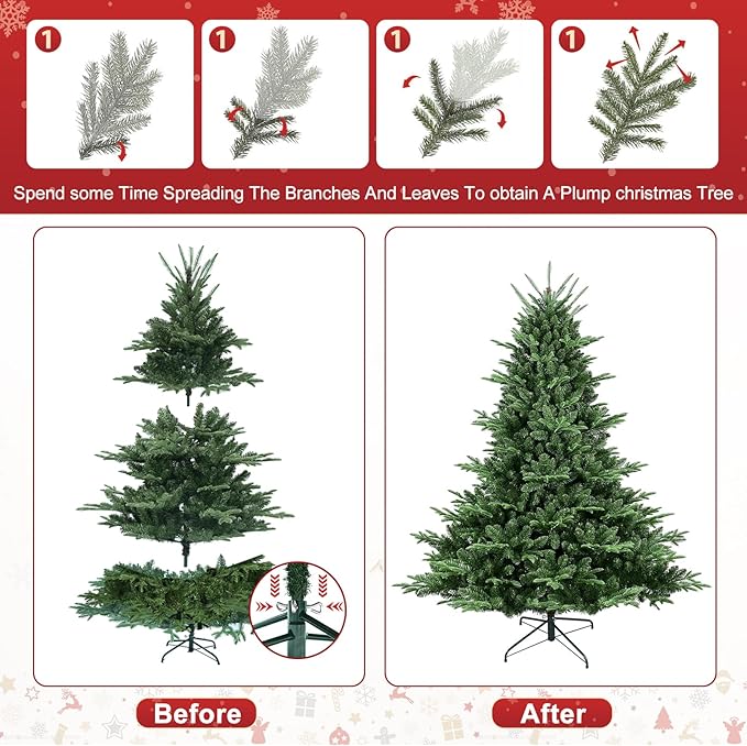 Full Realistic Christmas Tree, 6ft Artificial Christmas Tree with 1610 PE&PVC Flame-Retardant Tips, Unlit Spruce Christmas Tree, Auto Hinged Faux Xmas Tree for Home Office Holiday Decor