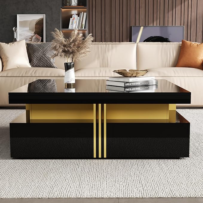 Merax 43.3" Modern Glossy Square Storage Coffee Table with 4 Drawers, Gold Accents, Functional Center Tables for Living Room Apartment, Glossy Black