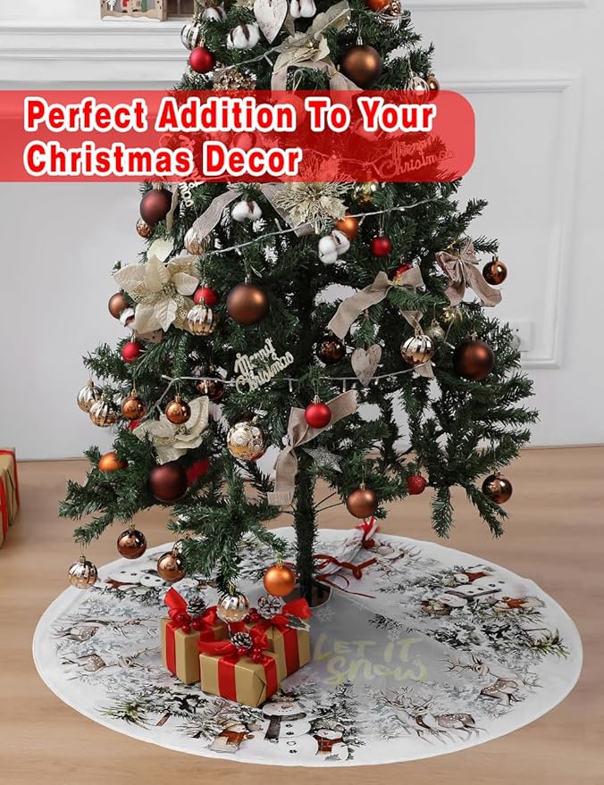 Christmas Tree Skirt 48 Inch, Snowman and Reindeer Design, Thick Flannel Fabric, Rustic Farmhouse Xmas Tree Skirt for Holiday Christmas Decorations