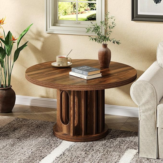 31.5" Round Coffee Table, Small Wooden Circle Center Table Hole Panel Splice Design Coffee Tables for Living Room, Thickened Edge MDF Board, Walnut
