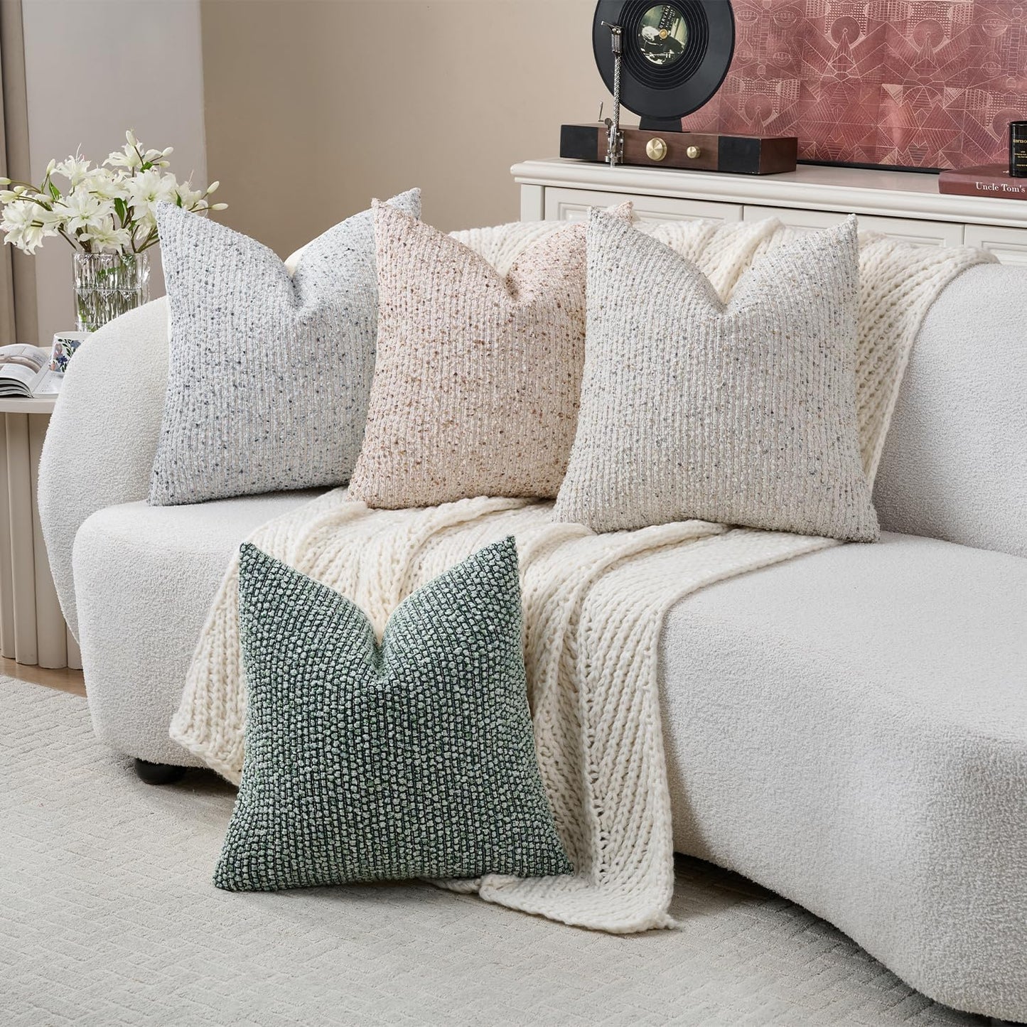 Striped Throw Pillow Covers 22x22 Set of 2 Cream Grey Textured Boucle Chic Morden Boho Accent Farmhouse Square Decorative Couch Pillow Covers for Home Decor Bed Sofa Living Room