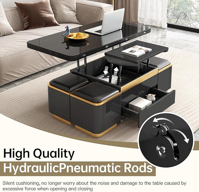 Lift Top Coffee Table with 4 Storage Stools, 3 in 1 Multi-Functional Coffee Table with Drawers, Convertible Table with Hidden Compartment Storage for Living Room, Apartment, Home, Black