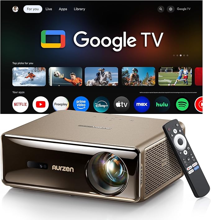 Aurzen EAZZE D1 MAX Christmas Google TV Smart Projector 4K Supported, Ultra-Bright 1000 ANSI Lumens, MEMC Tech, Fully Automatics, 20W Dolby Audio, Home Theater Movie Projector with WiFi and Bluetooth