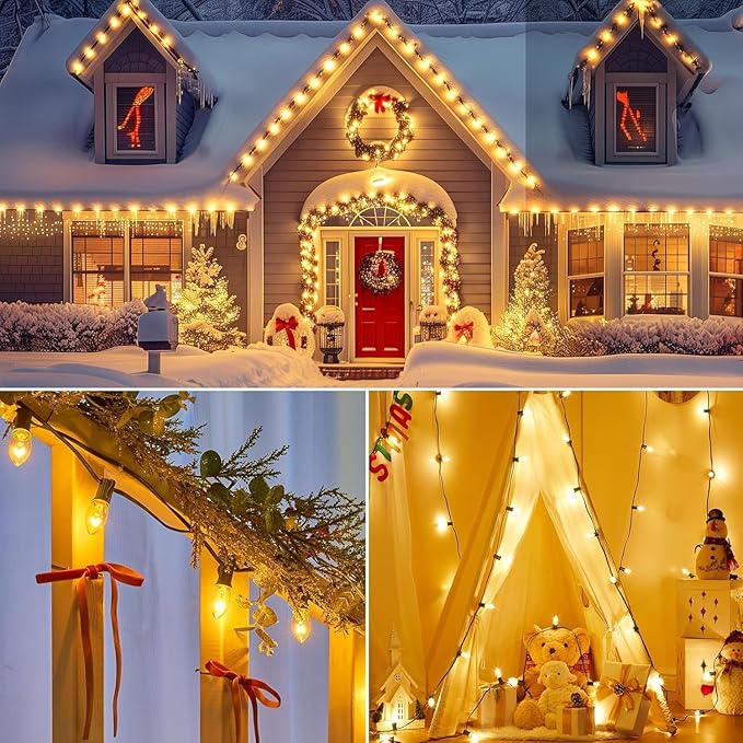 Minetom C7 Christmas String Light Set - 25FT C7 Vintage Christmas Tree Lights for Xmas Holiday Season Indoor Outdoor Roofline Fence Garden Patio Backyard Garage Cafe Decoration (25 FT, Clear)