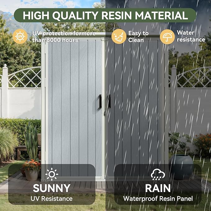 5x3FT Storage Shed Plastic Outdoor Storage Shed Waterproof Outdoor Shed with Floor and Lockable Door for Garden, Lawn, Backyard