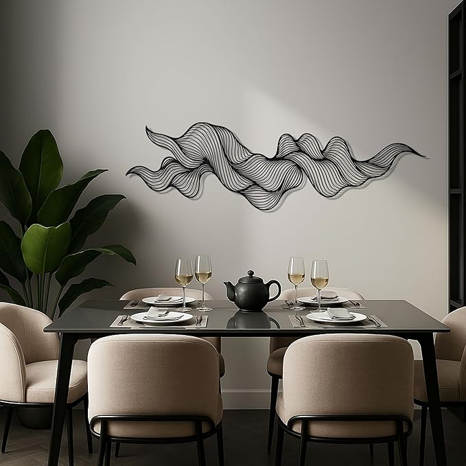 pluviart Abstract Metal Wall Art – Modern Black Wave Line Sculpture, Large 3D Wall Decor for Living Room, Bedroom, Office, Contemporary Home Decoration (30"x9")