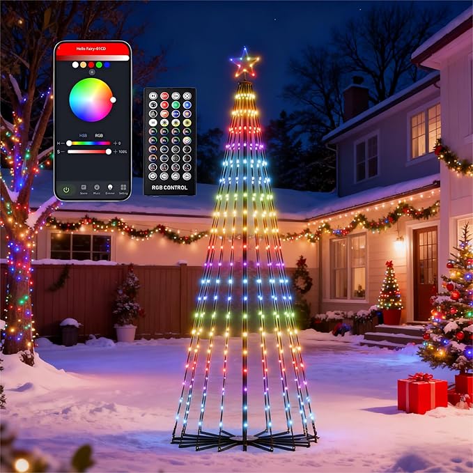 Christmas Cone Tree Lights, 7.5ft 340 LEDs RGBIC Christmas Tree Lights with App Control, 100+ Scene Modes, Music Sync & Timer,IP67 Waterproof Outdoor String Lights for Christmas Decorations