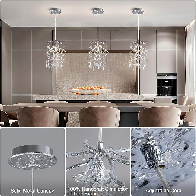 YUYI Modern Crystal Chandelier, 8.3" Silver Tree Branch Chandelier for Dining Room, Luxury Raindrop Pendant Light Fixture for Living Room, Kitchen Island, Bedroom, Foyer, 1 Light