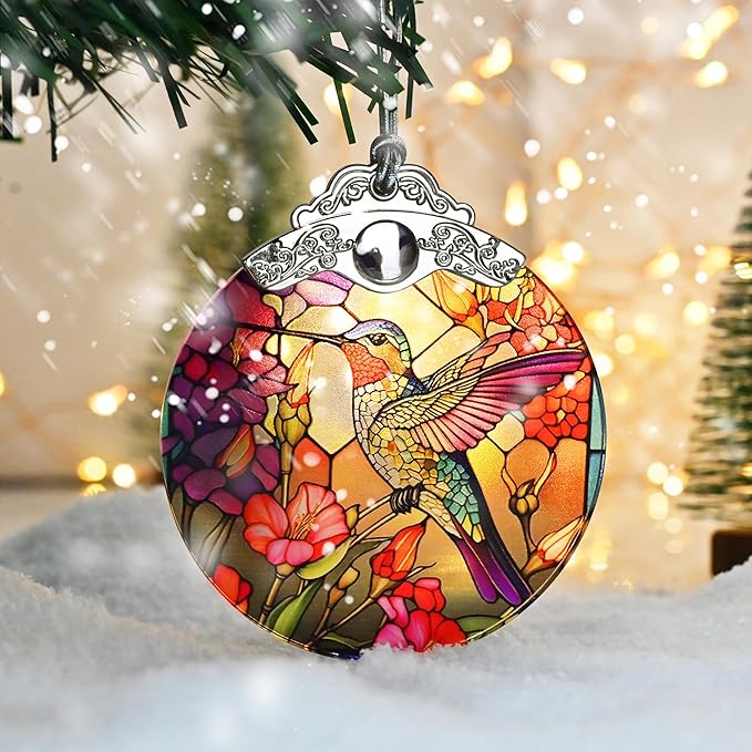 Christmas Ornament - Stained Glass Hummingbird Decor for Tree, Holiday Decorations and Xmas Gift Ideas
