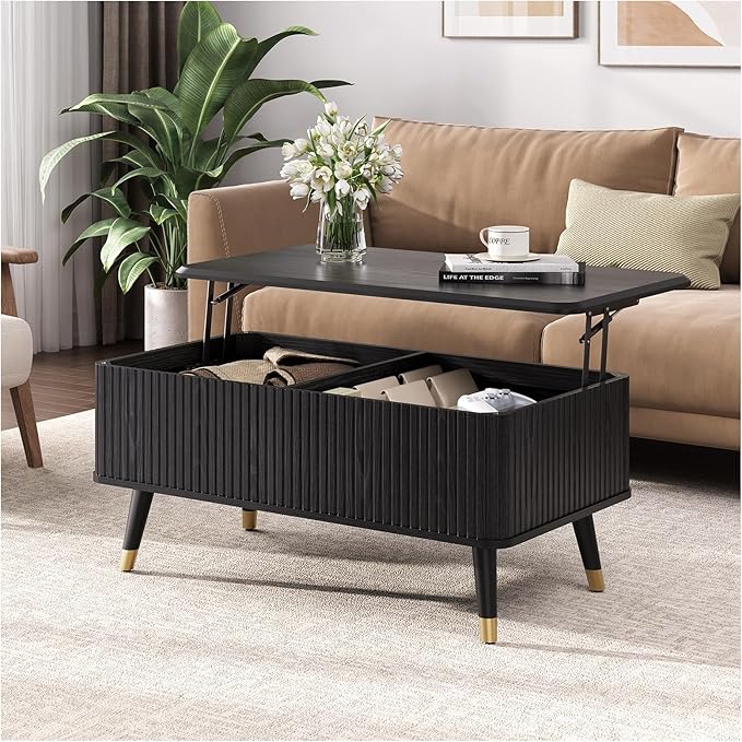 Lift Top Coffee Table with Storage, Mid Century Modern Walnut Fluted Coffee Table, Rectangular Wood Center Table with Rising Desktop & Open Shelf for Work from Home, Living Room, Black