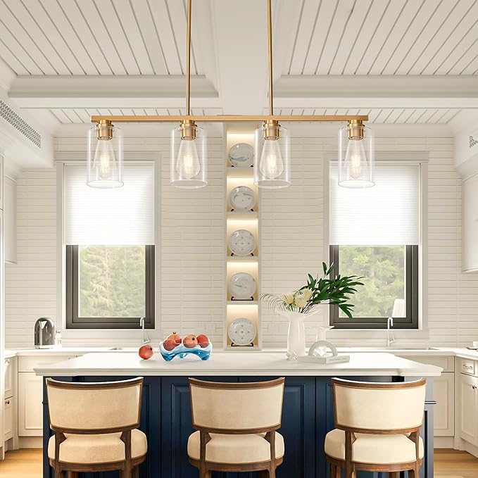 Island Light for Kitchen, Brushed Gold Dining Room Light Fixture Over Table, 4-Light Linear Chandelier Pendant Lighting for Dining Table Kitchen Island Living Room