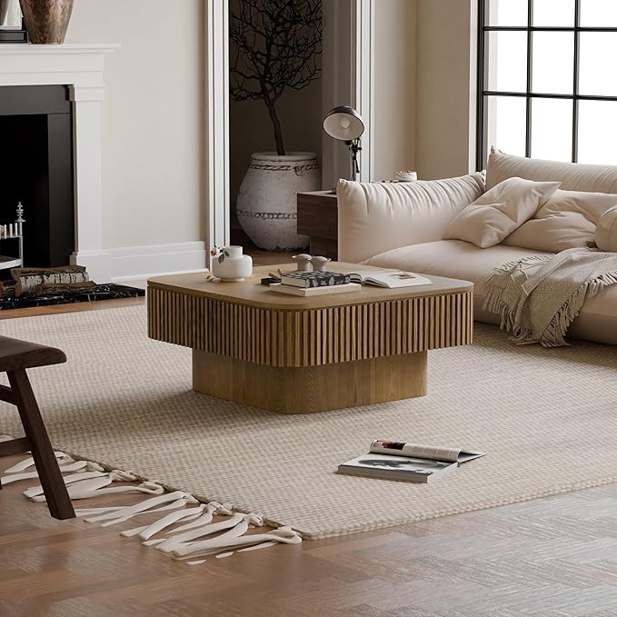 31.5'' Square Coffee Table with Storage, Mid Century Modern Fluted Drum Center Tables with Lid, Solid Wood Modern Coffee Table Accent Tea Table for Living Room, Bedroom, Apartment or Office, Brown