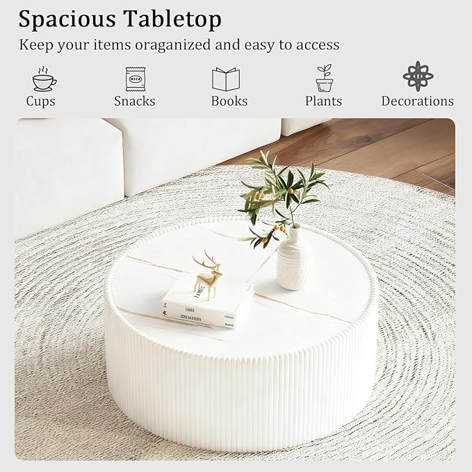 29.52" White Round Coffee Table, Drum Coffee Table with Sintered Stone Tabletop and Fluted PU Leather Covered and Stable Base, Circle Cocktail Tea Table for Living Room