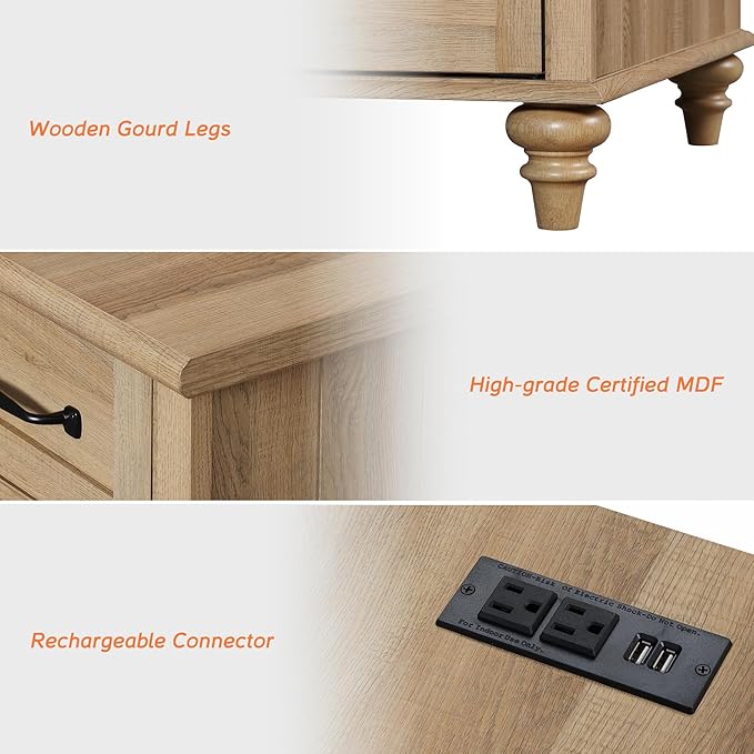 WAMPAT Set of 2 End Tables with Charging Station, Light Wood Sofa Side Table with Drawer & Storage Cabinet, Farmhouse Nightstand with Power Outlets & USB Ports for Living Room, Bedroom, Oak