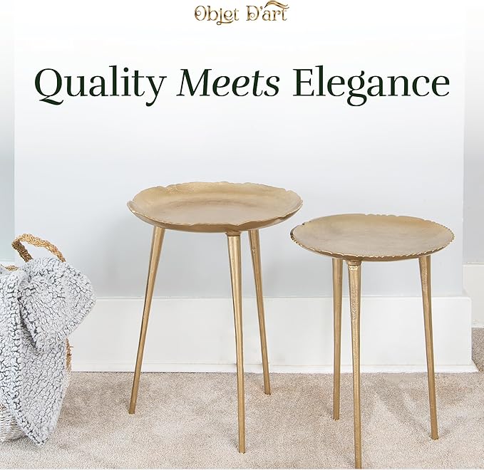 OBJET D'ART Small Round Gold End Table Set, Trieste Accent, Side, Pedestal, Cocktail and Drink Tables for Living Room and Small Spaces, Décor Set of 2, 21” and 18.5” Height