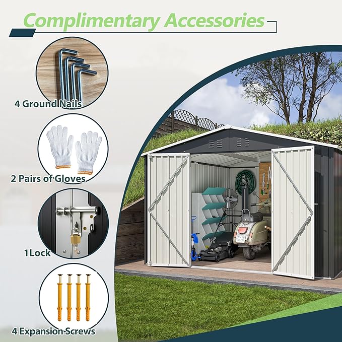 10x10 FT Outdoor Storage Shed, Large Metal Garden Shed with Lockable Hinged Doors, Outside Tool Shed with Sloped Roof & 4 Air Vents, Waterproof Storage Building for Backyard, Patio, Lawn, Black