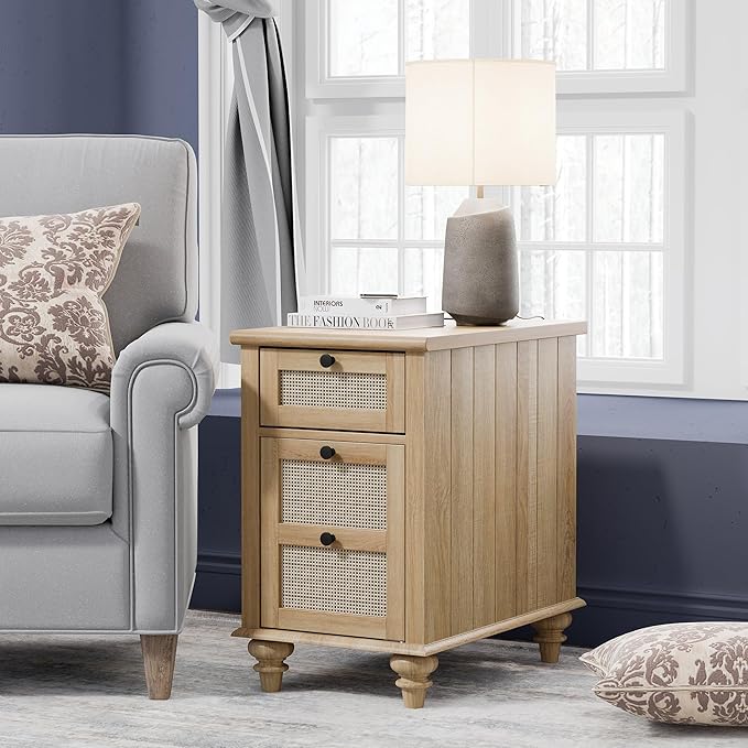 WAMPAT Rattan End Table with Charging Station, Farmhouse Bedside Table with Solid Wood Leg, Narrow Side Table with Drawer & Power outlets USB Ports for Bedroom, Living Room, Oak