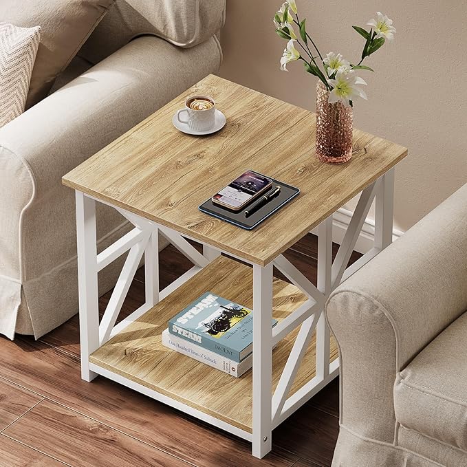 GreenForest End Table with 2-Tier Storage Shelf, 24 inch Large Side Table for Living Room, Modern Nightstand for Bedroom Bedside Office Farmhouse, Oak