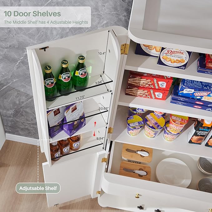 71" Tall Kitchen Pantry, Modern Curved Pantry Storage Cabinet with 4 Doors and 6 Adjustable Shelves, Cupboard for Kitchen, Dining Room, Living Room and Bathroom, White