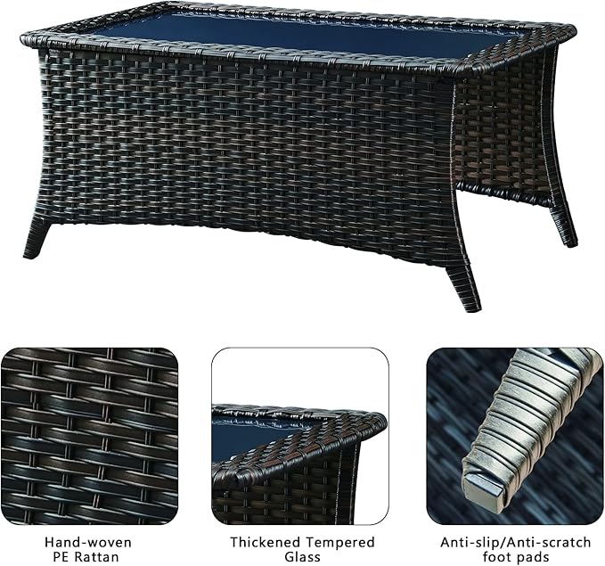 Rilyson Patio Tables Wicker Coffee Table - Outdoor Rattan Coffee Tables with Glass Top for Patio Proch Deck Balcony Rectangle Brown