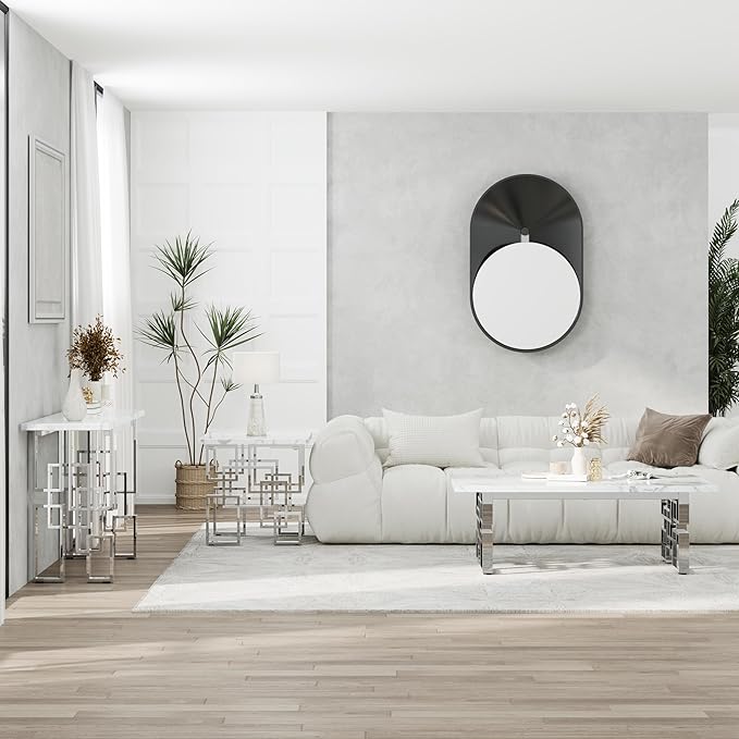 AUZ Silver End Table, Modern Square Living Room Side Table with White Faux Marble Top and Mirrored Silver Metal Geometric Base