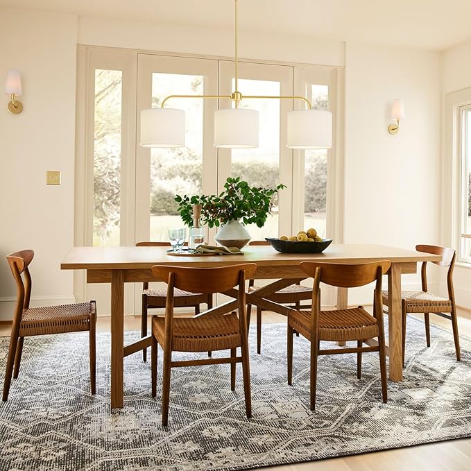 3-Light White Linen Drum Shade Chandelier with Polished Gold Metal Linear Pendant Light Fixture for Kitchen Island, Dining Table, E26, 180W