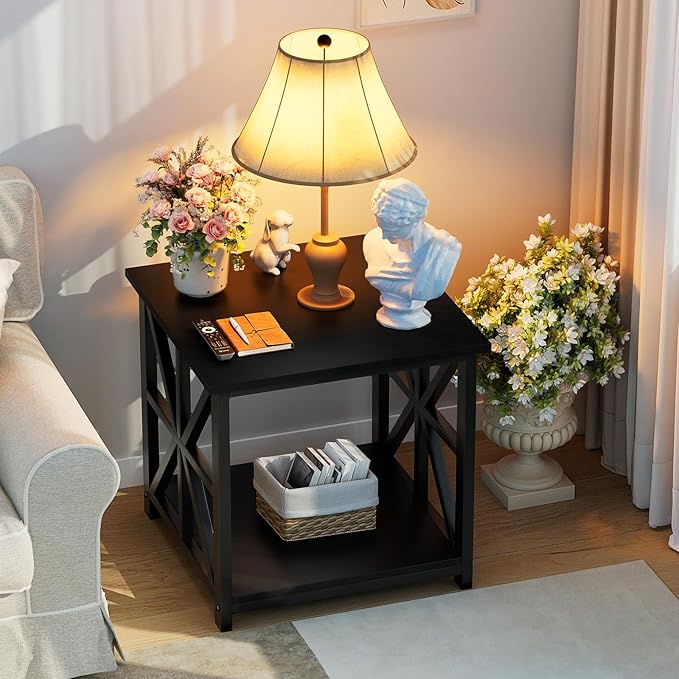 GreenForest End Table with 2-Tier Storage Shelf, 24 inch Large Side Table for Living Room, Modern Nightstand for Bedroom Bedside Office Farmhouse, Black