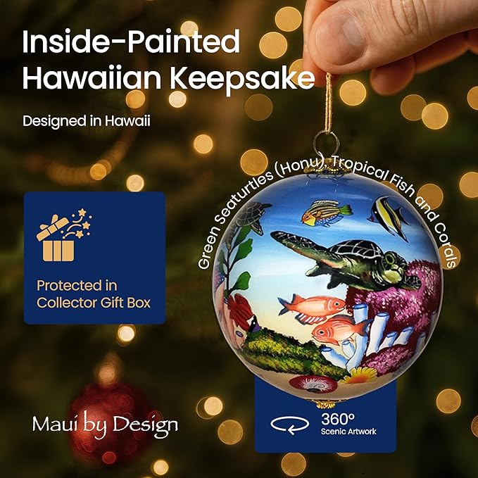 Collectible Hawaiian Sea Turtles Ornament Collectible, Hand Painted from Inside The Glass TA/M