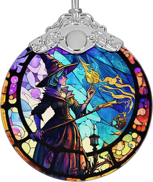 2025 Ornaments for Christmas Tree, Zmoicky Stained Glass Hanging Ornament, Christmas Ornaments Clearance, Gift Exchange Ornament, Bauble Present - Magic Witch