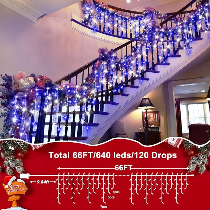 XURISEN 66ft Christmas Lights Decorations Outdoor, 640 LED 8 Modes Curtain Fairy Lights with 120 Drops,Plug in Waterproof Timer Memory Function for Christmas Holiday Wedding Party Decor(Blue+Cool)