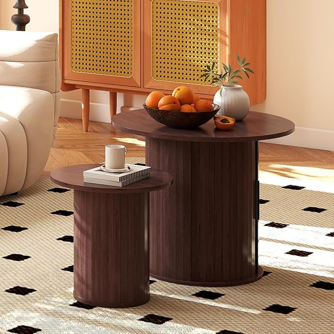 COSVALVE Nesting Coffee Table Set of 2 with Hidden Storage & Sliding Door, Circle Wood Coffee Table, Farmhouse Side & End Table Sets for Living Room, Small Spaces, Walnut
