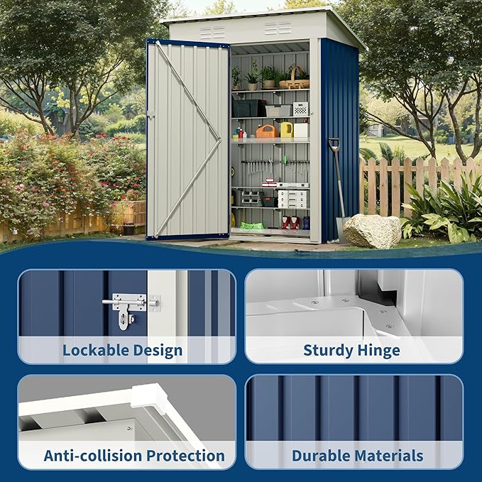 5x3FT Multi-Used Shed & Outdoor,Storage Shed with Lockable Door,Anti-Corrosion Storage House with Sloping Roof for Backyard Outdoor Patio(Navy Blue)