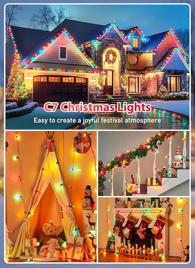 Minetom 25ft C7 Multicolor Christmas String Light Set, Vintage Christmas Tree Lights with 25 Bulbs, Outdoor Roofline String Lights for Patio Garden Holiday Indoor Wedding Home Decorating, Green Wire