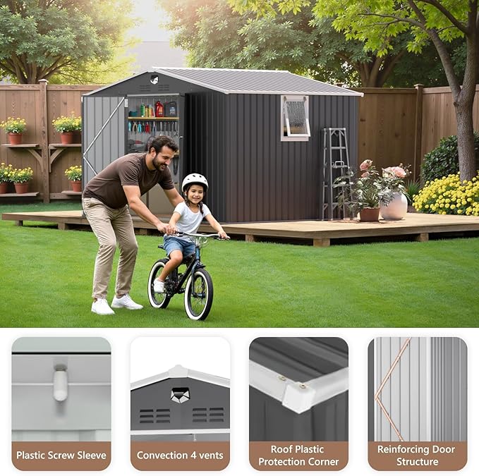 10x8 FT Outdoor Storage Shed, Metal Sheds & Outdoor Storage, Waterproof Sheds with Lockable Doors for Backyard (Black, with Window)