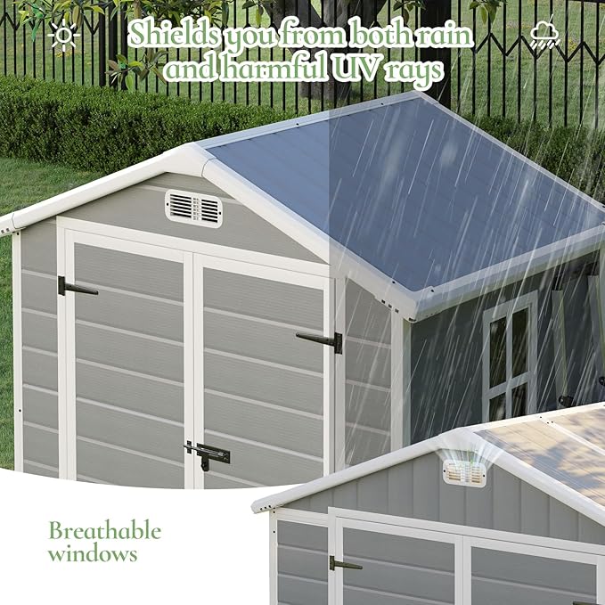 5.5 x 4.4 ft Resin Storage Shed with Floor, Outdoor Tool Shed with Window, Vents, and Stainless Steel Cores, for Pool Supplies/Lawn Mower/Bikes, Grey