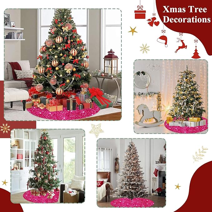 FUHSY Hot Pink Tree Skirt Sequin Christmas Tree Skirt 36 Inches Fuchsia Tree Skirts Velvet Xmas Tree Floor Mat for Christmas Decorations Indoor Xmas Tree Skirt Collar for Christmas Holiday Party