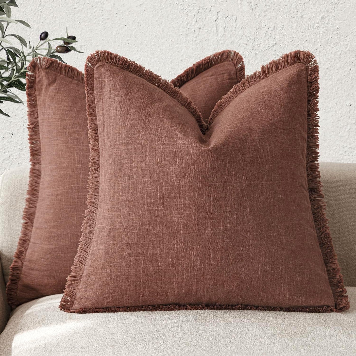 Foindtower Set of 2 Decorative Linen Fringe Throw Pillow Covers Boho Farmhouse Cushion Cover with Tassels Accent Pillowcase for Couch Chair Sofa Bed Living Room Home Decor,16×16 Inch,Rust Red