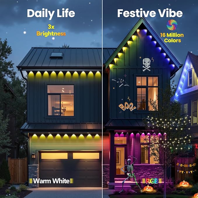 Permanent Outdoor Lights, 50ft RGB+IC Smart LED Lights Outside, IP67 Waterproof Smart Outdoor Decorations with App/Remote Control for Christmas, Halloween, Holiday, Daily, Party