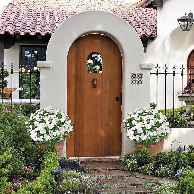 5PCS Artificial Impatiens Bouquet Flowers for Outdoors Silk Faux Flowers for Outdoor Fake Planters UV Resistant Spring Summer Indoor Decor Garden Porch Patio Window Kitchen Balcony, White