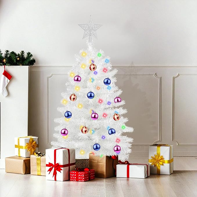 3 Feet White Tinsel Christmas Tree 12 Modes Dual Color Change Timer DIY 50 Warm White & Multicolor Lights Star 15 Ball Ornaments Battery Operated Small Artificial Full Xmas Tree Table Home Indoor
